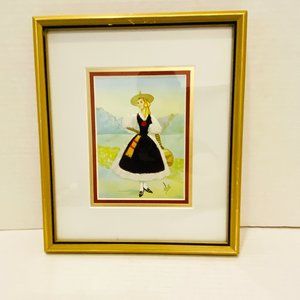 Rare Vintage Elsi Gumier Silk Embroidered Postcard 1960s Framed Glass